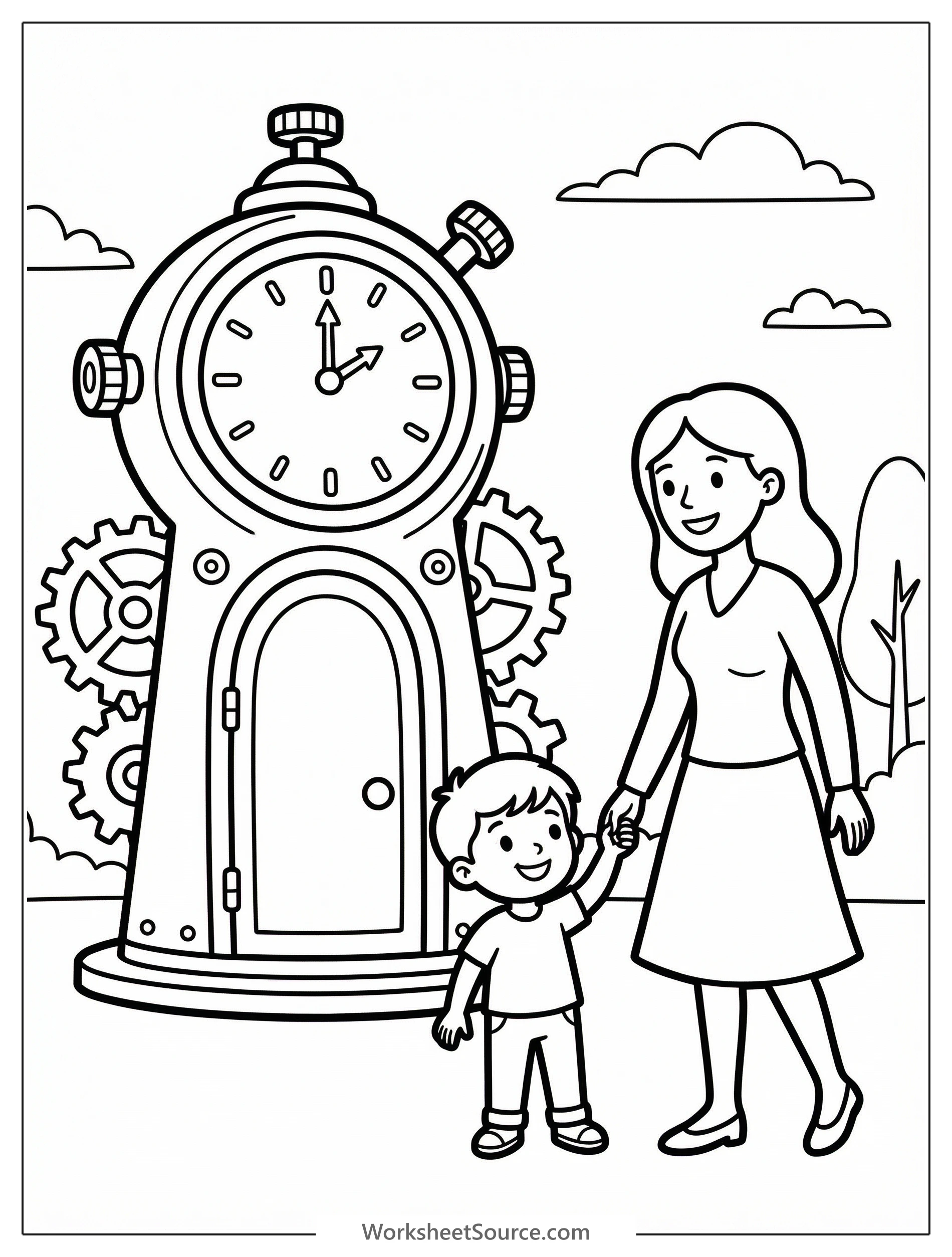 Professional line art coloring page depicting a smiling mom and child inside a whimsical time machine, ready for an exciting journey through time.