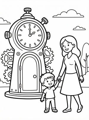 Professional line art coloring page depicting a smiling mom and child inside a whimsical time machine, ready for an exciting journey through time.