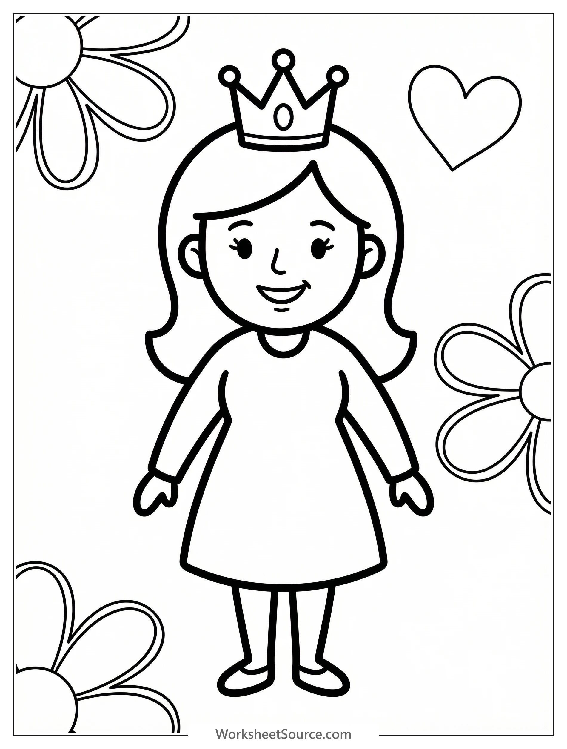 Black and white line art coloring page showing a mom wearing an ornate crown, smiling gently. Professional design for creative activity.