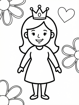 Black and white line art coloring page showing a mom wearing an ornate crown, smiling gently. Professional design for creative activity.