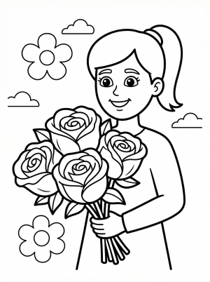 Mom with a bouquet of roses, coloring page style, clear black and white line art, professional design coloring page for kids - black and white line art ready to print and color