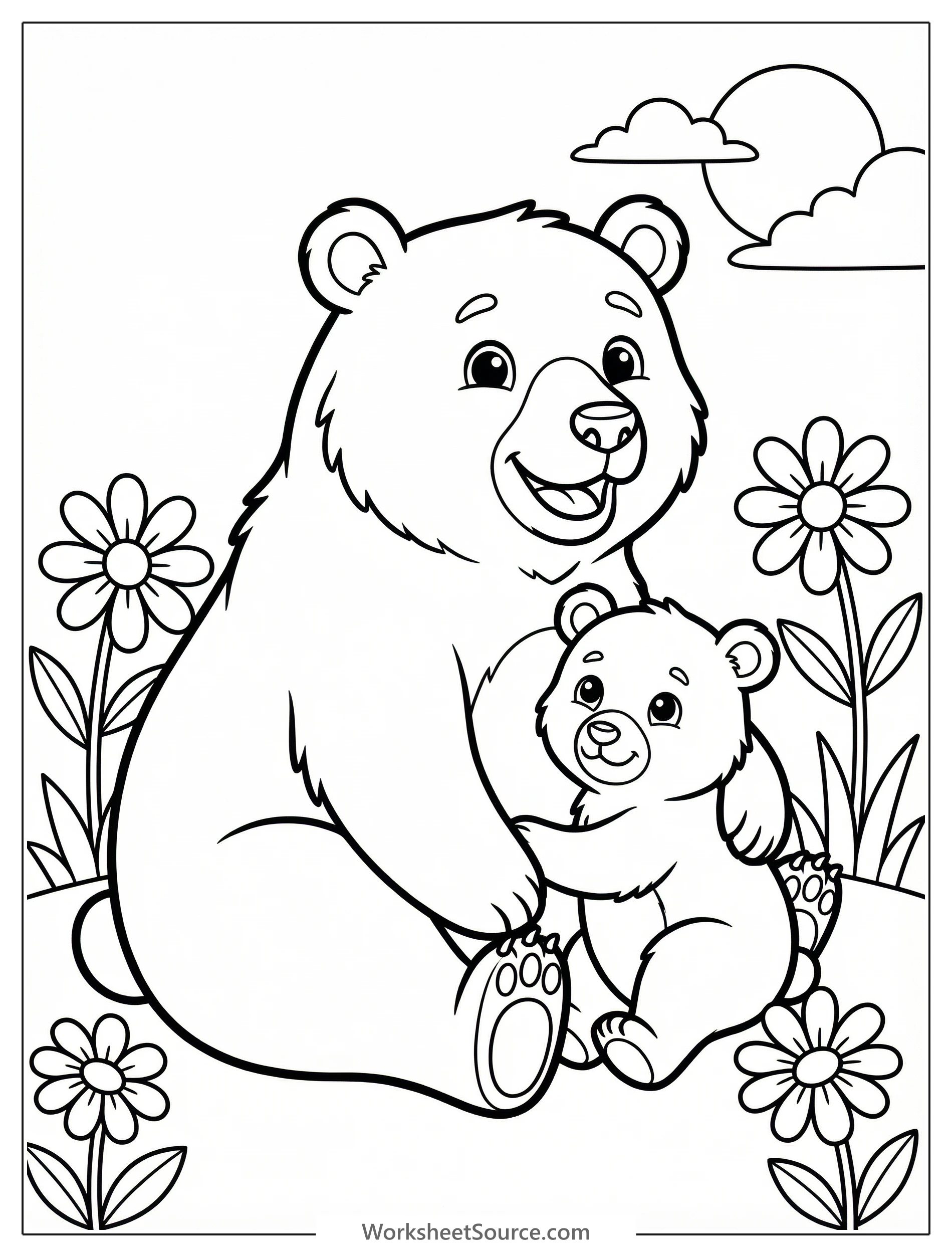 Professionally designed black and white line art coloring page featuring a loving mother bear cuddling her small cub. Clear outlines for easy coloring.