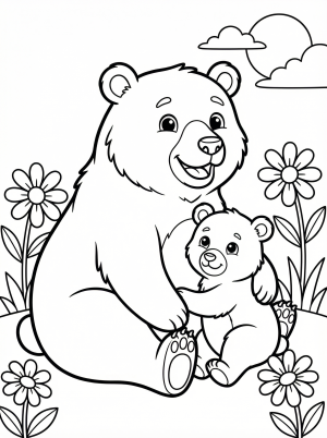 Professionally designed black and white line art coloring page featuring a loving mother bear cuddling her small cub. Clear outlines for easy coloring.