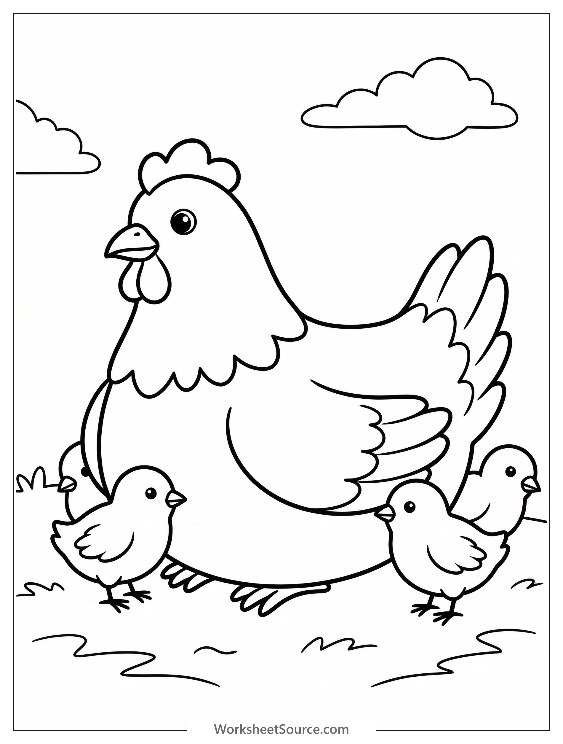 Clear black and white line art coloring page depicting a mother hen with three fluffy chicks. Professional design, suitable for spring or farm animal themes.