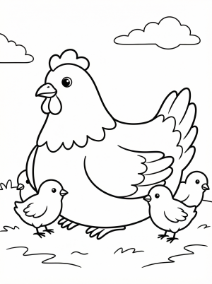 Clear black and white line art coloring page depicting a mother hen with three fluffy chicks. Professional design, suitable for spring or farm animal themes.