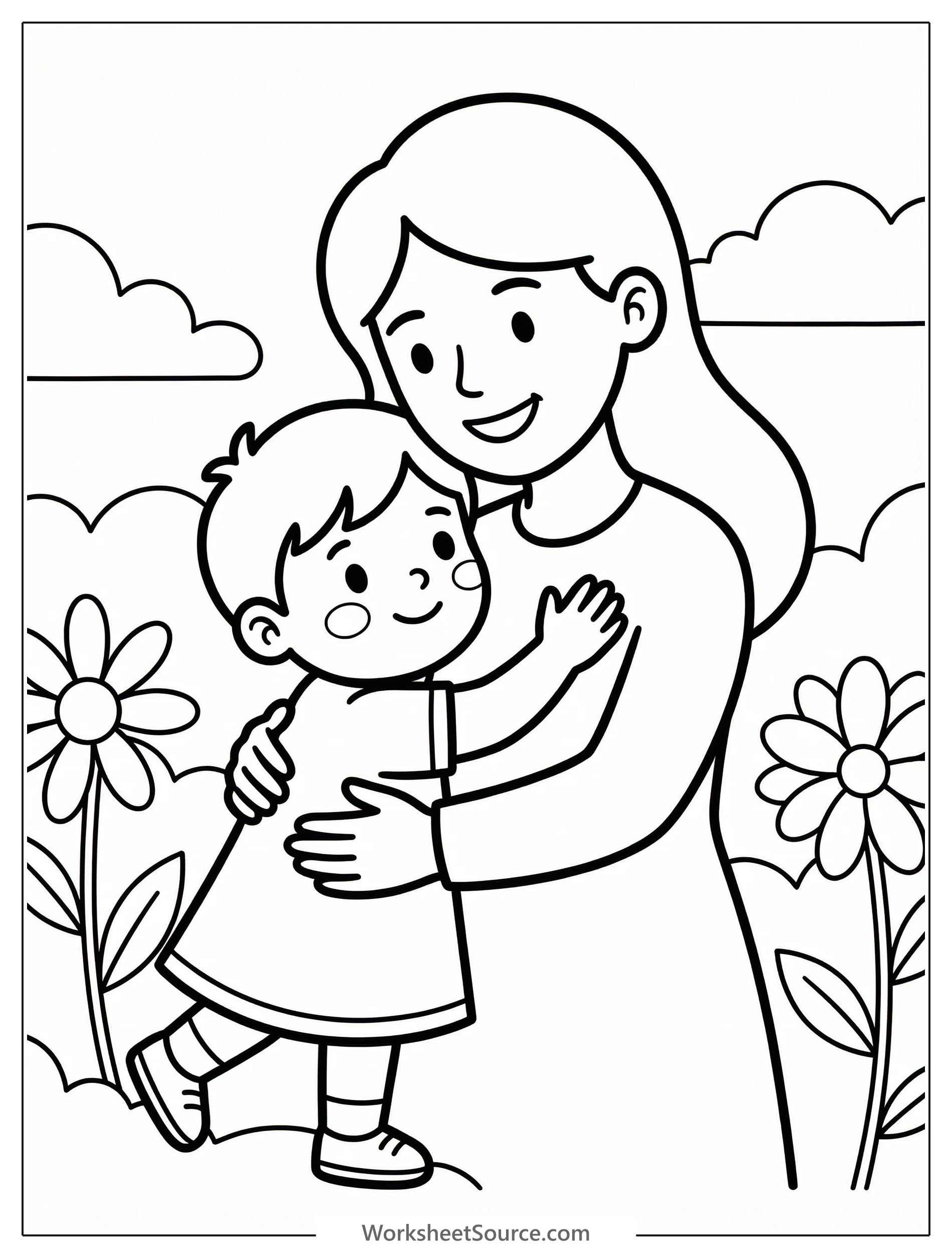 Professionally designed black and white line art coloring page depicting a mother gently hugging her young child, illustrating warmth and affection.