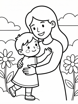 Professionally designed black and white line art coloring page depicting a mother gently hugging her young child, illustrating warmth and affection.