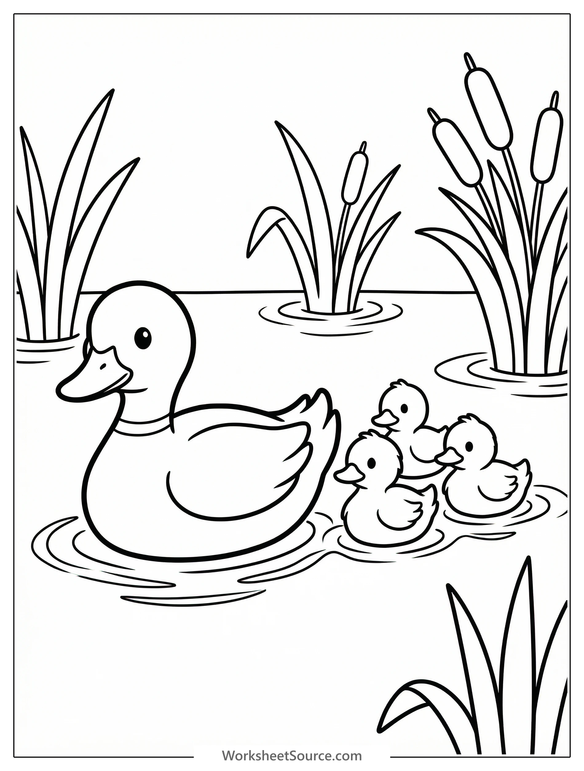 Black and white line art coloring page depicting a serene mother duck swimming with three small, fluffy ducklings trailing behind her in water.