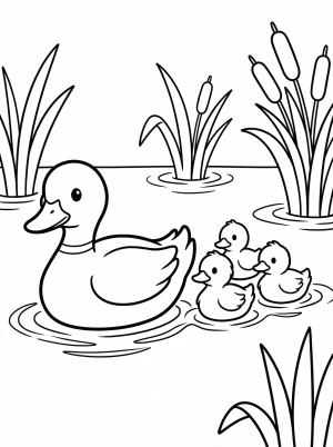 Black and white line art coloring page depicting a serene mother duck swimming with three small, fluffy ducklings trailing behind her in water.