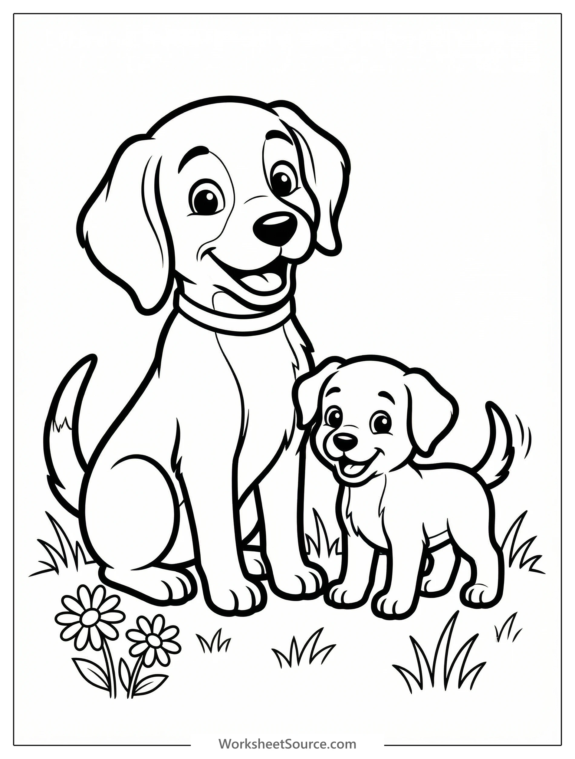 Clear black and white line art of a loving mother dog gently nuzzling her happy puppy. Professional coloring page design for creative activities.