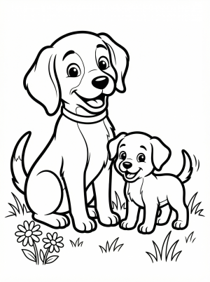 Clear black and white line art of a loving mother dog gently nuzzling her happy puppy. Professional coloring page design for creative activities.