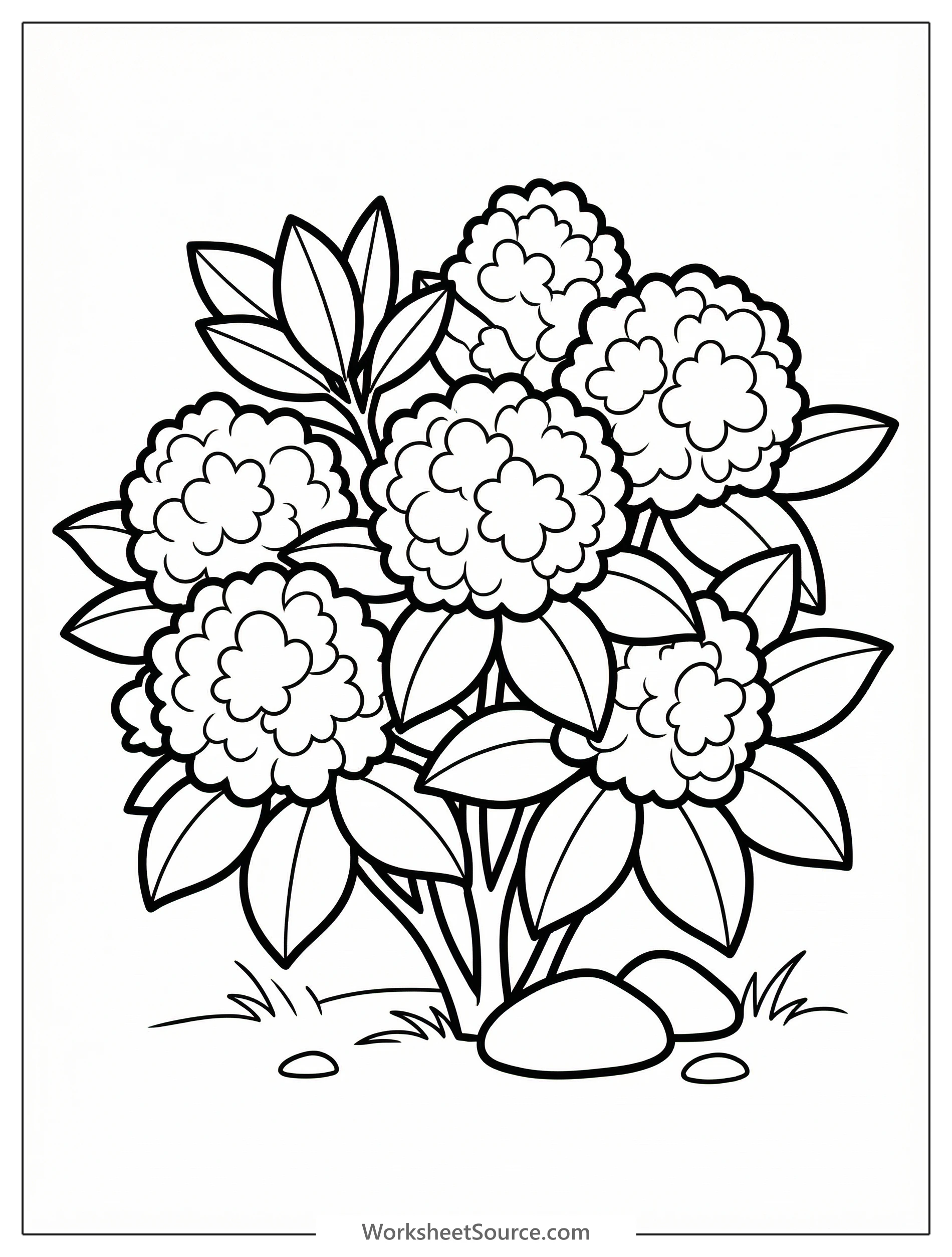 Professionally designed black and white line art coloring page featuring a blooming azalea bush with multiple flowers and leaves, ready for creative coloring.