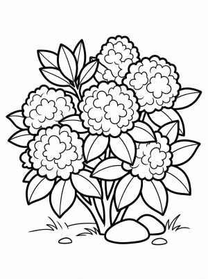 Professionally designed black and white line art coloring page featuring a blooming azalea bush with multiple flowers and leaves, ready for creative coloring.