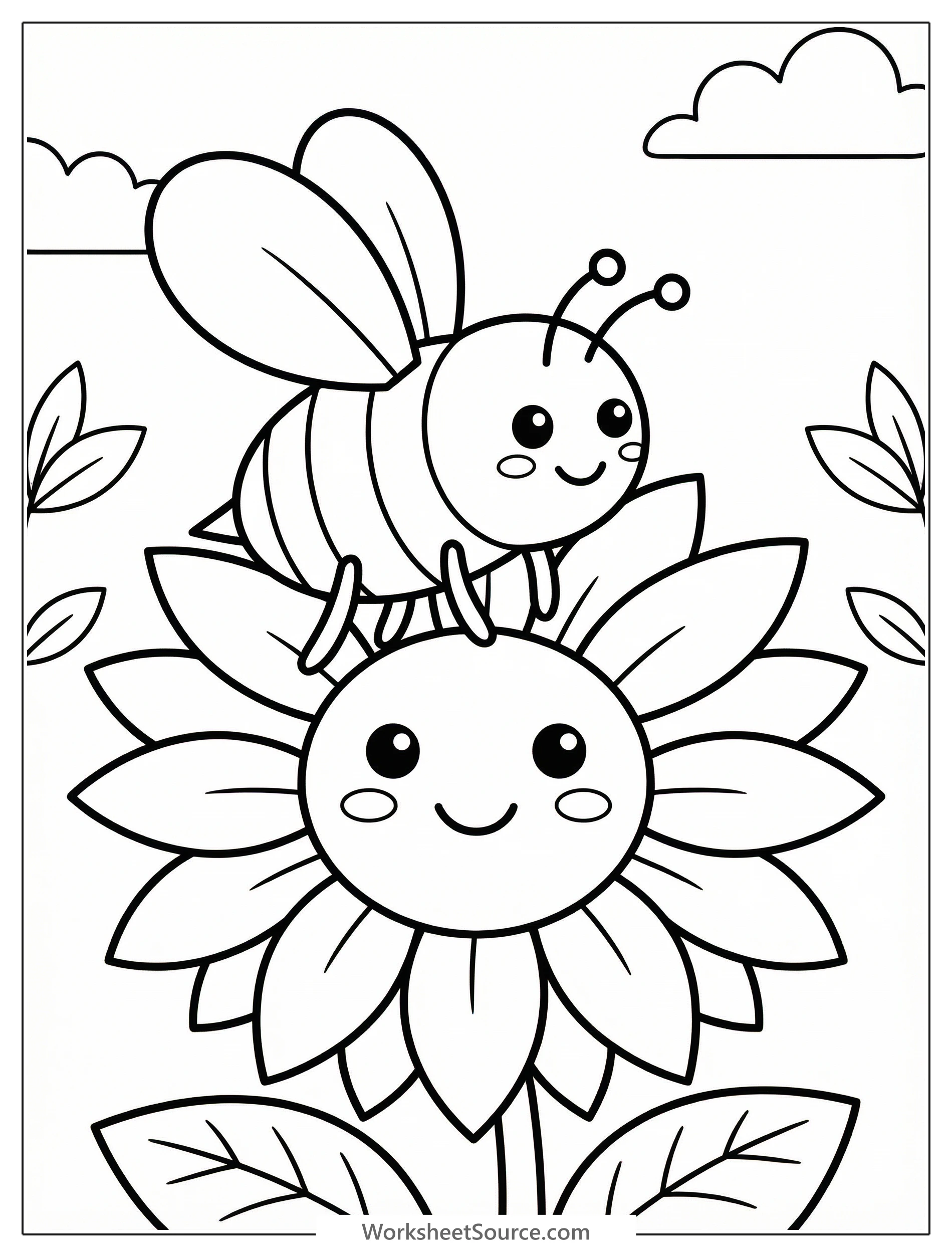 Clear black and white line art coloring page of a friendly bee buzzing near a large, detailed sunflower in full bloom, professional design.