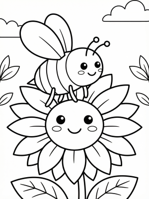 Clear black and white line art coloring page of a friendly bee buzzing near a large, detailed sunflower in full bloom, professional design.
