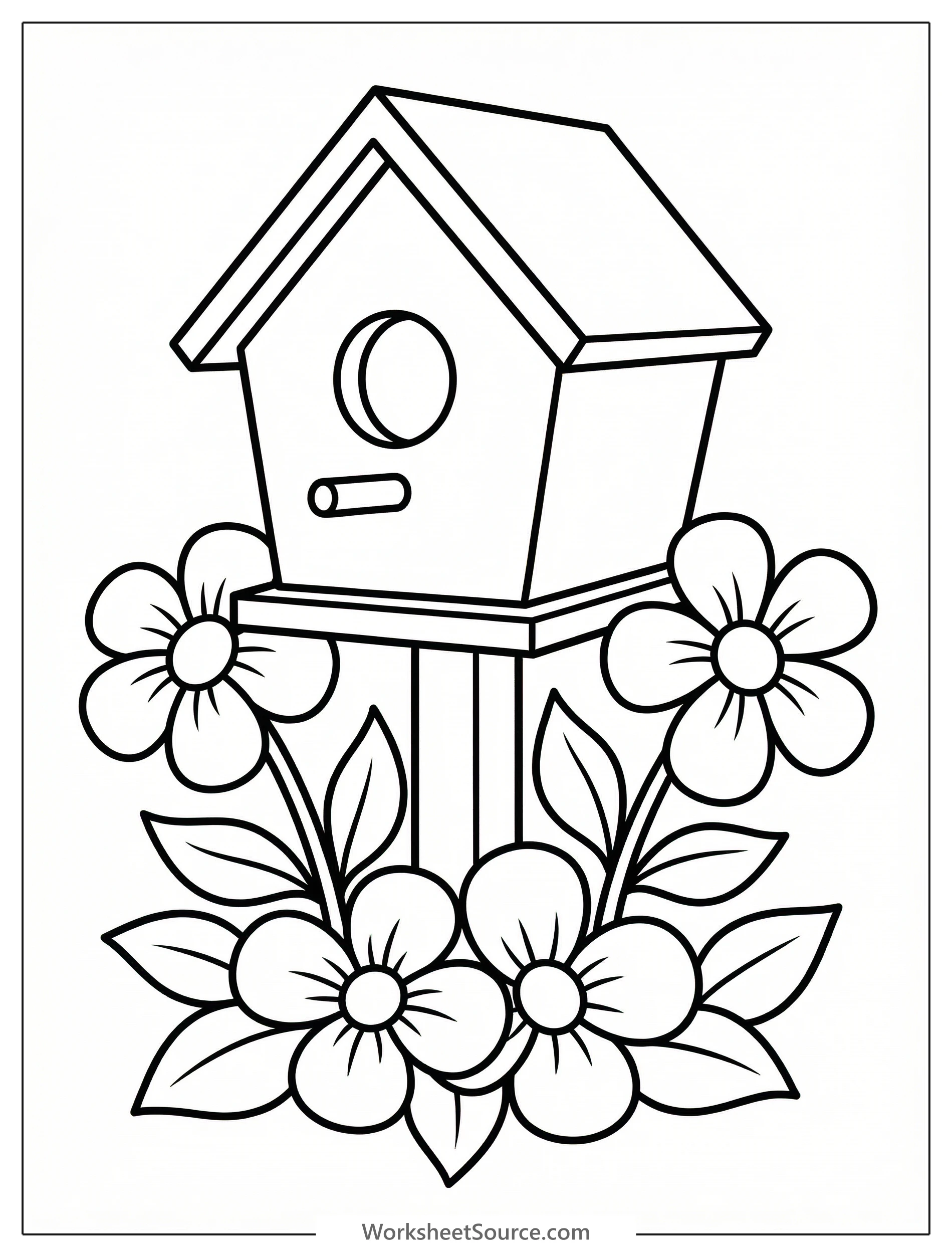A charming black and white line art coloring page featuring a whimsical birdhouse nestled among intricate spring blossoms and leaves, ideal for creative expression.
