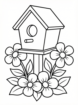 A charming black and white line art coloring page featuring a whimsical birdhouse nestled among intricate spring blossoms and leaves, ideal for creative expression.