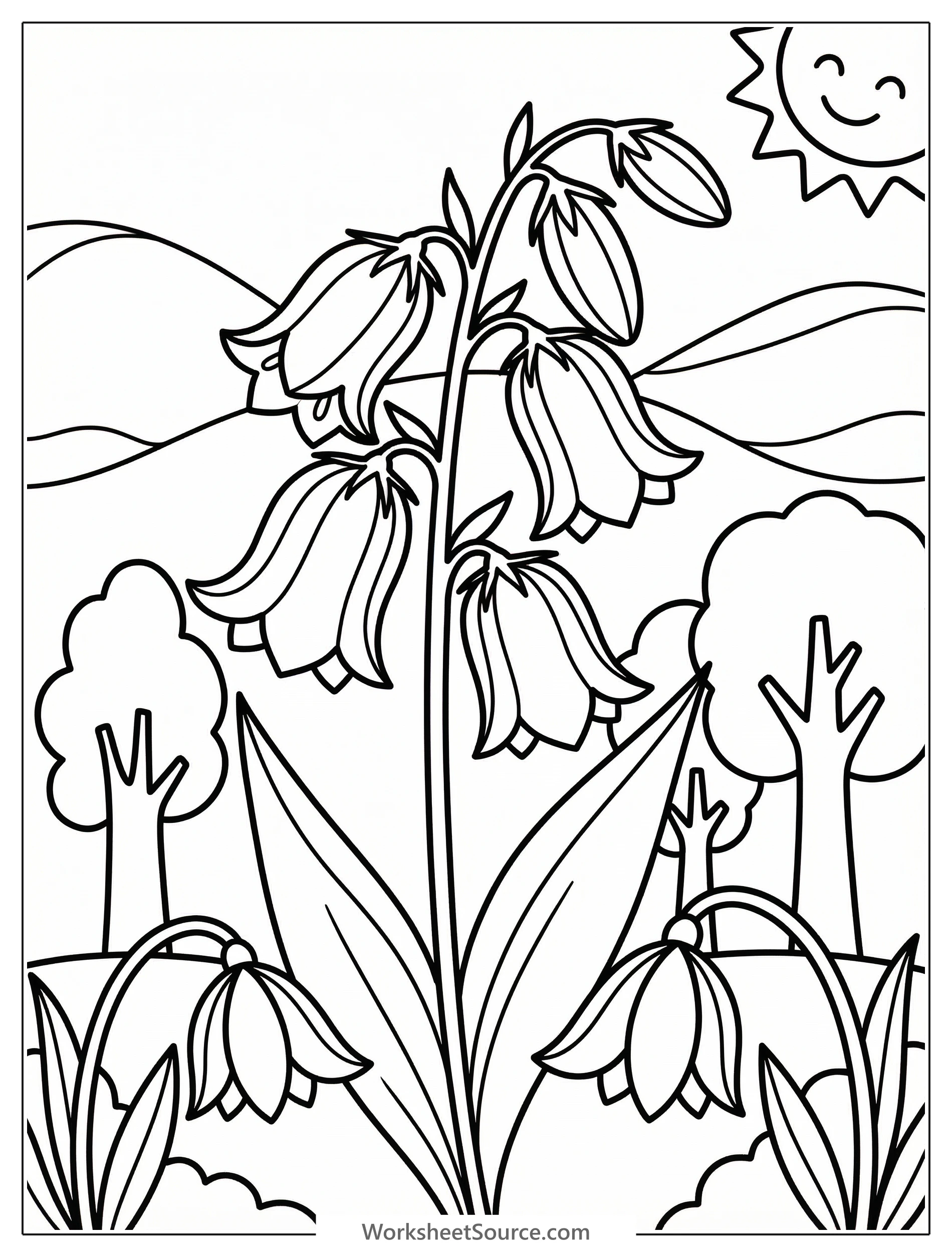 A clear black and white line art illustration of a dense bluebell forest with many flowers covering the ground, tall trees, and a pathway winding through.