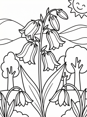 A clear black and white line art illustration of a dense bluebell forest with many flowers covering the ground, tall trees, and a pathway winding through.