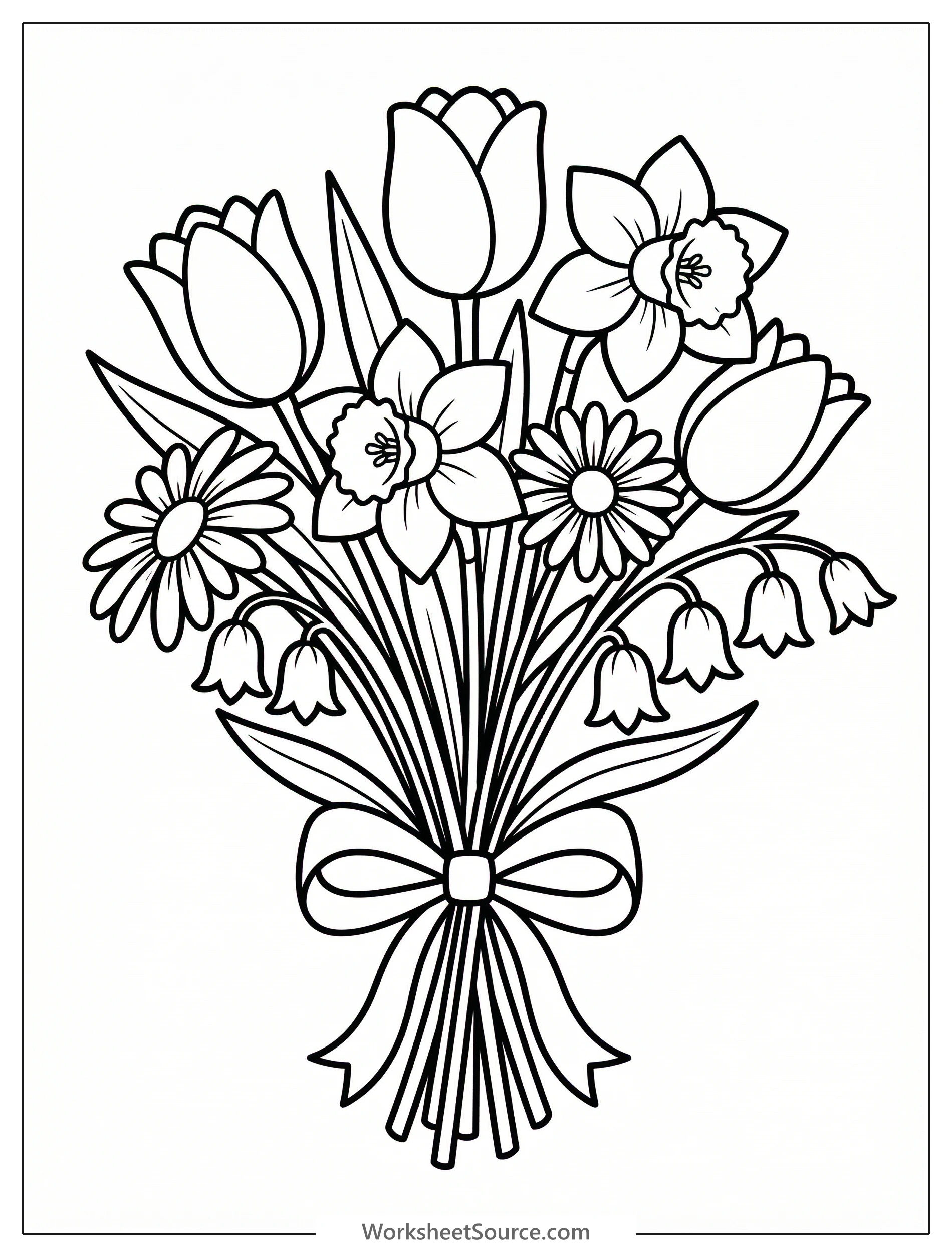 A professional clear black and white line art coloring page featuring a lovely mixed bouquet of various spring flowers like tulips, daffodils, and daisies.