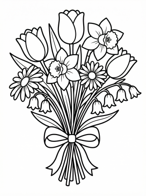 A professional clear black and white line art coloring page featuring a lovely mixed bouquet of various spring flowers like tulips, daffodils, and daisies.