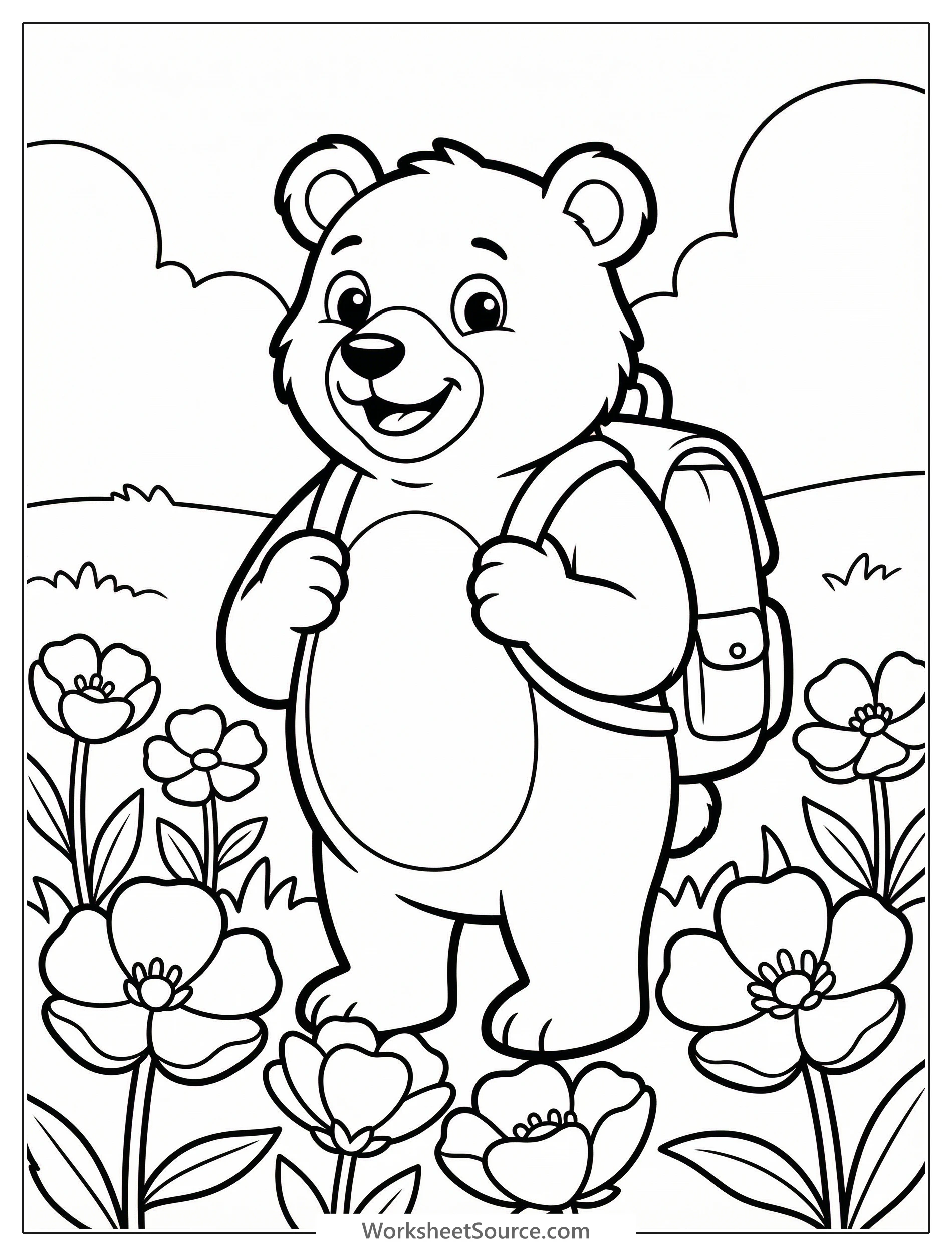Black and white line art coloring page depicting a vast field of buttercup flowers with their distinctive petals and leaves, under a clear sky.