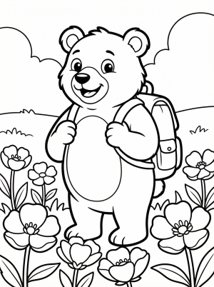 Black and white line art coloring page depicting a vast field of buttercup flowers with their distinctive petals and leaves, under a clear sky.