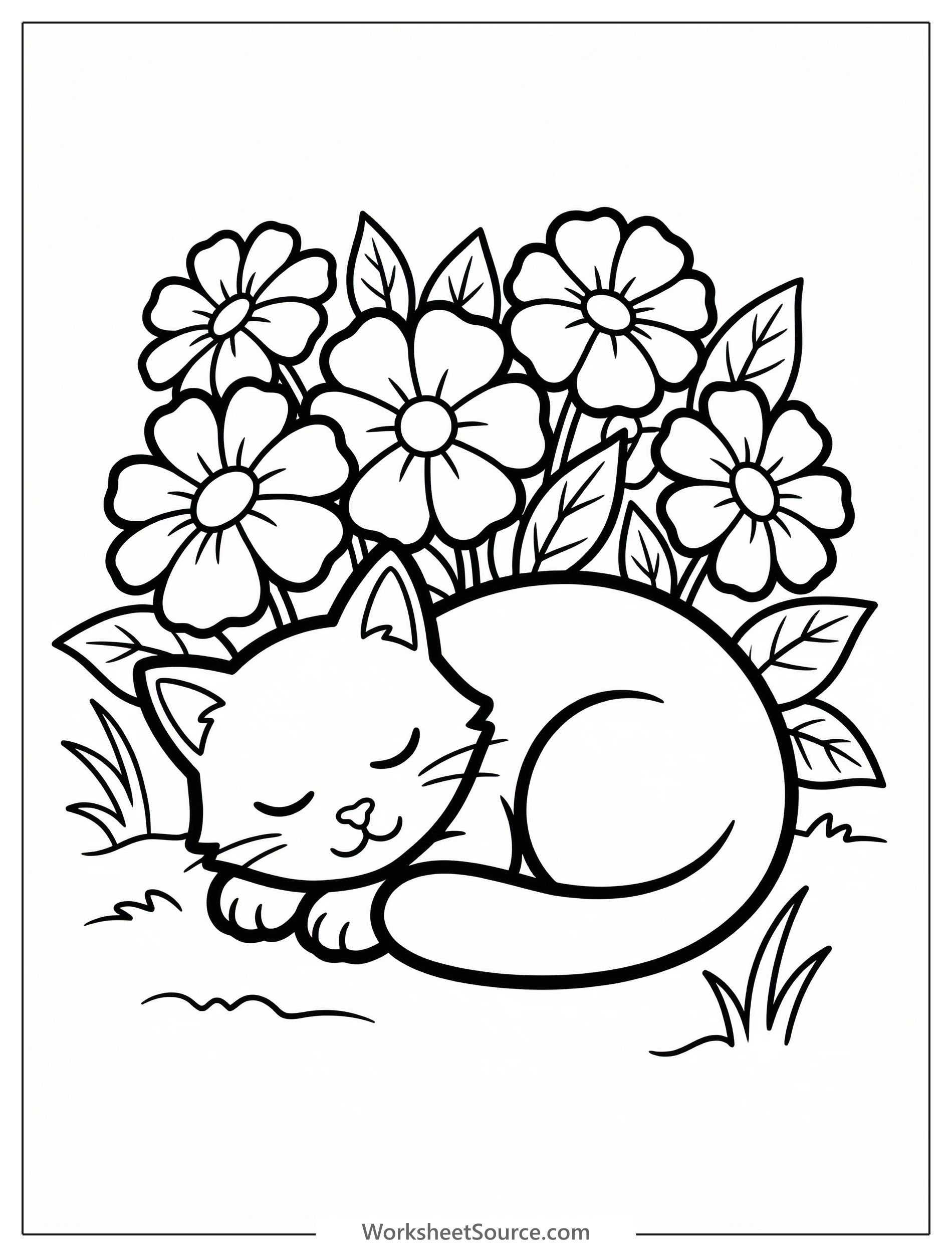 Clear black and white line art of a content cat curled up asleep in a vibrant flower bed with several large blooms and leaves.