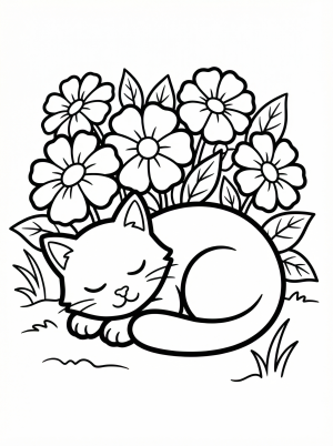 Clear black and white line art of a content cat curled up asleep in a vibrant flower bed with several large blooms and leaves.