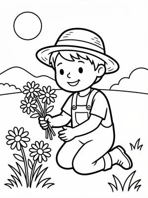 Black and white line art of a happy child joyfully picking spring flowers in a meadow, professionally designed for coloring.