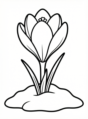 Clear black and white line art coloring page depicting a crocus flower pushing its way through a snowy ground, professionally designed for easy coloring.