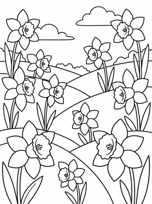 Clear black and white line art of a vibrant daffodil field with many flowers and leaves, designed as a professional coloring page.