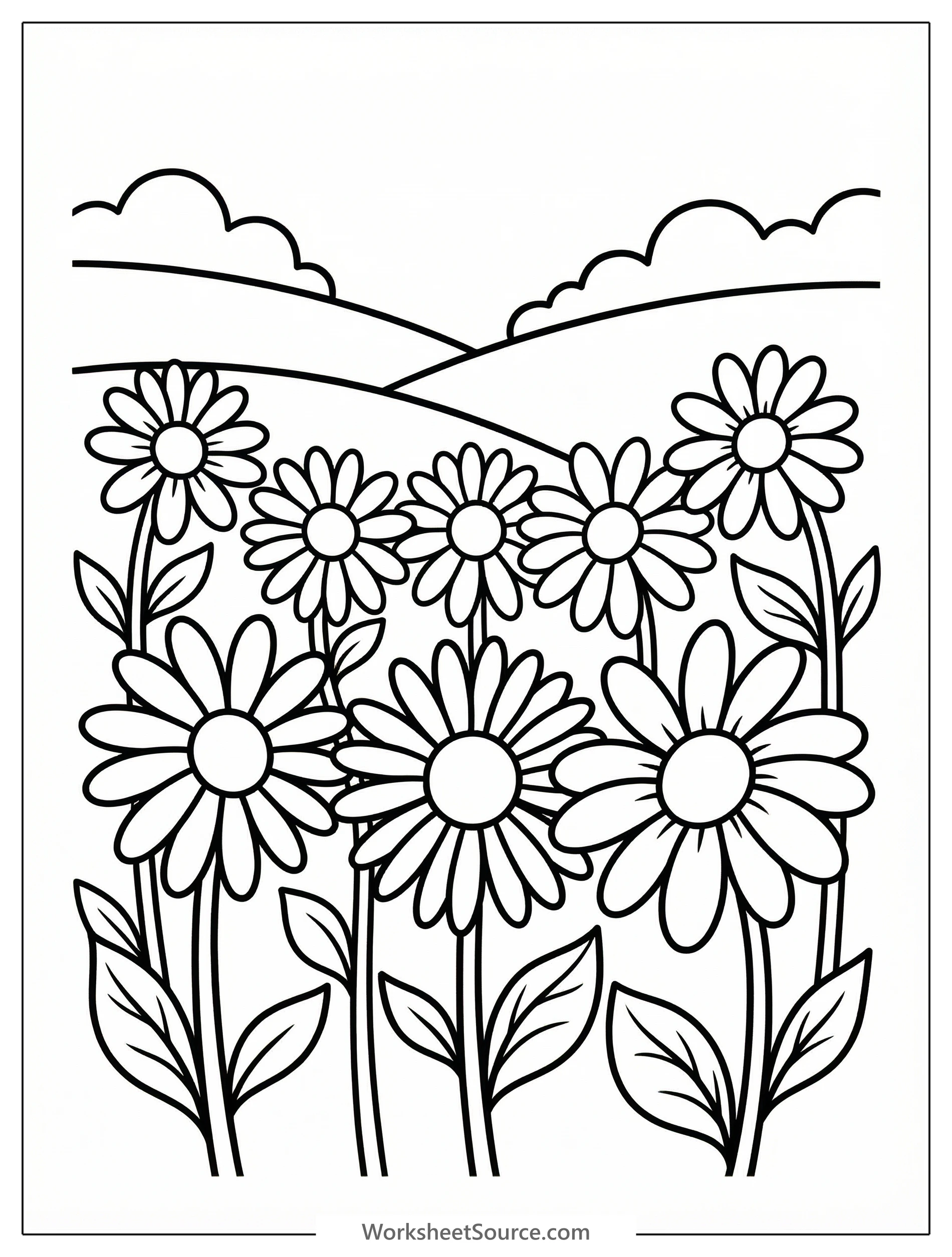 Clear black and white line art coloring page depicting a peaceful daisy meadow scene with numerous flowers, leaves, and soft hills. Professionally designed for printing.
