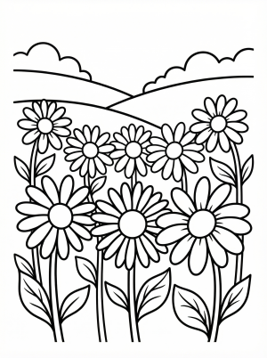 Clear black and white line art coloring page depicting a peaceful daisy meadow scene with numerous flowers, leaves, and soft hills. Professionally designed for printing.