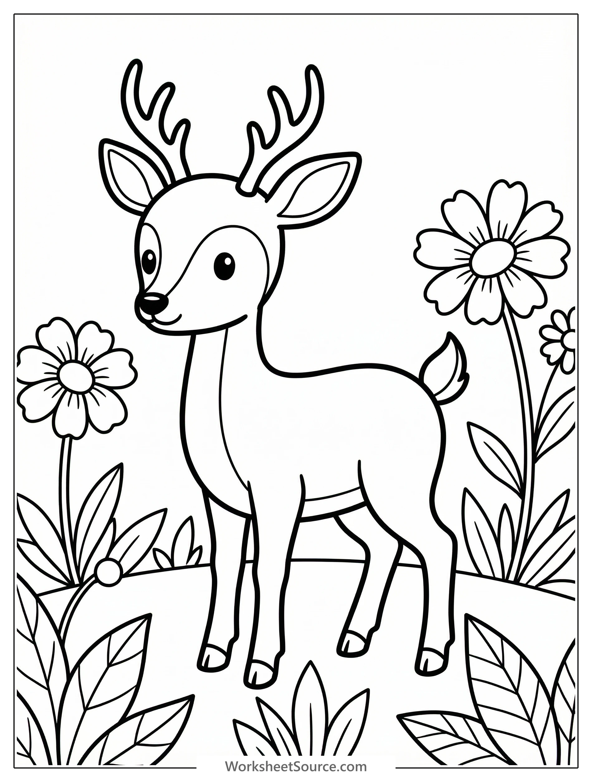 Black and white line art coloring page depicting a gentle deer standing gracefully in a vibrant meadow filled with various blooming flowers and leafy plants. Professional design ready for coloring.