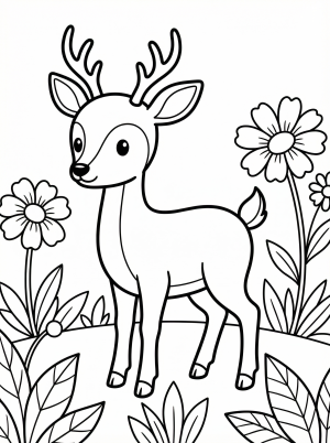 Black and white line art coloring page depicting a gentle deer standing gracefully in a vibrant meadow filled with various blooming flowers and leafy plants. Professional design ready for coloring.