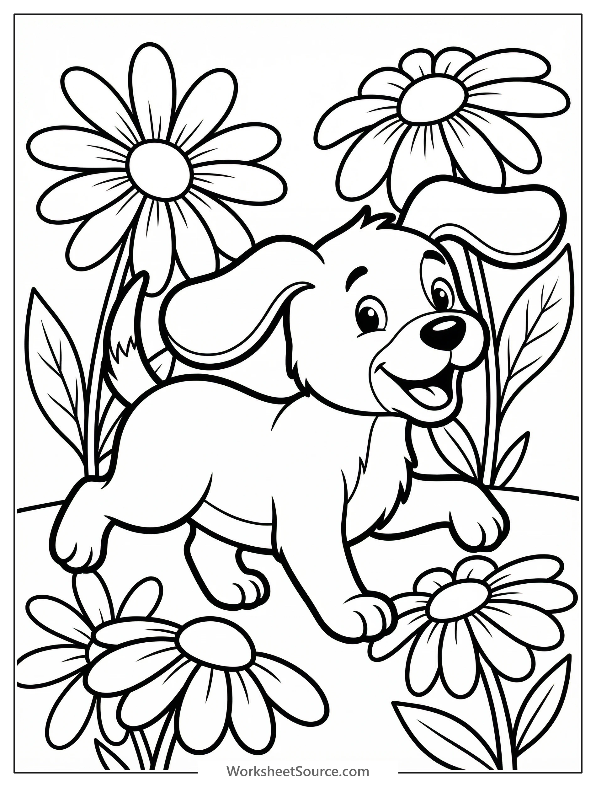 Black and white line art coloring page of a happy dog playing amongst cheerful daisies in a field, ready for creative coloring by young artists.