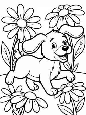 Black and white line art coloring page of a happy dog playing amongst cheerful daisies in a field, ready for creative coloring by young artists.
