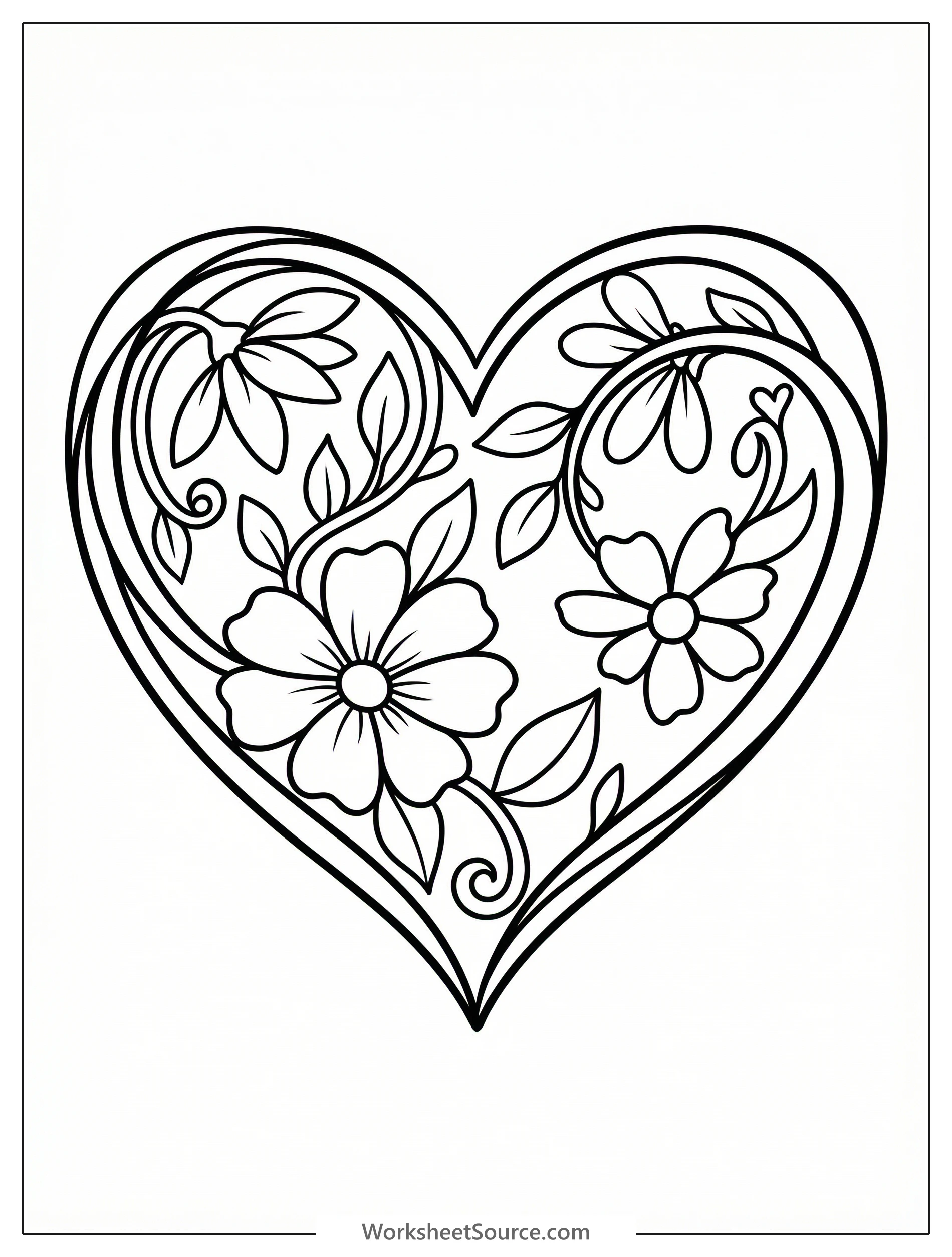 Clear black and white line art of a heart shape filled with various flowers and leaves, professionally designed as a printable coloring page.