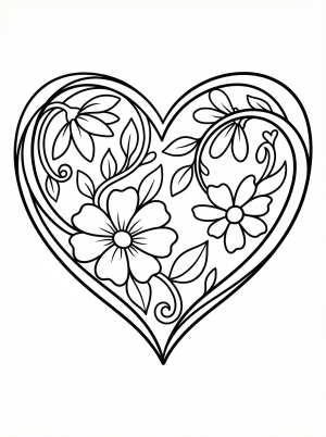 Clear black and white line art of a heart shape filled with various flowers and leaves, professionally designed as a printable coloring page.