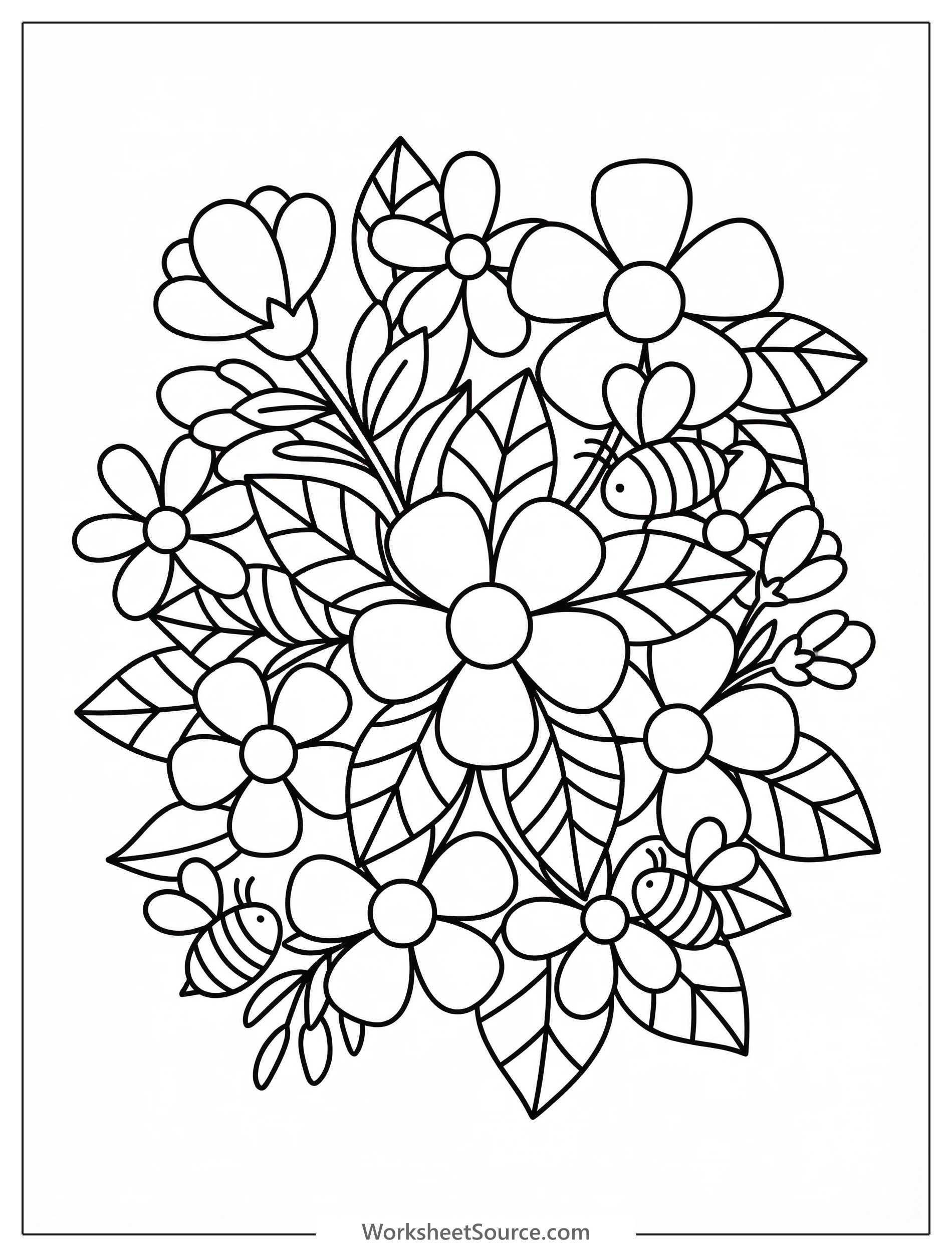 Clear black and white line art coloring page featuring a whimsical floral pattern with various flowers and friendly buzzing bees. Professional design for printing.