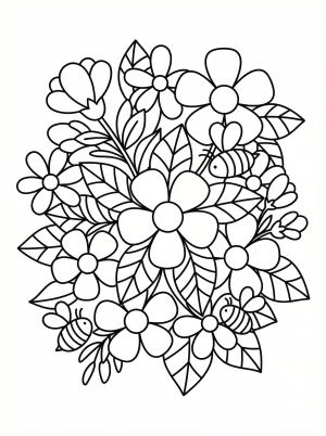 Clear black and white line art coloring page featuring a whimsical floral pattern with various flowers and friendly buzzing bees. Professional design for printing.