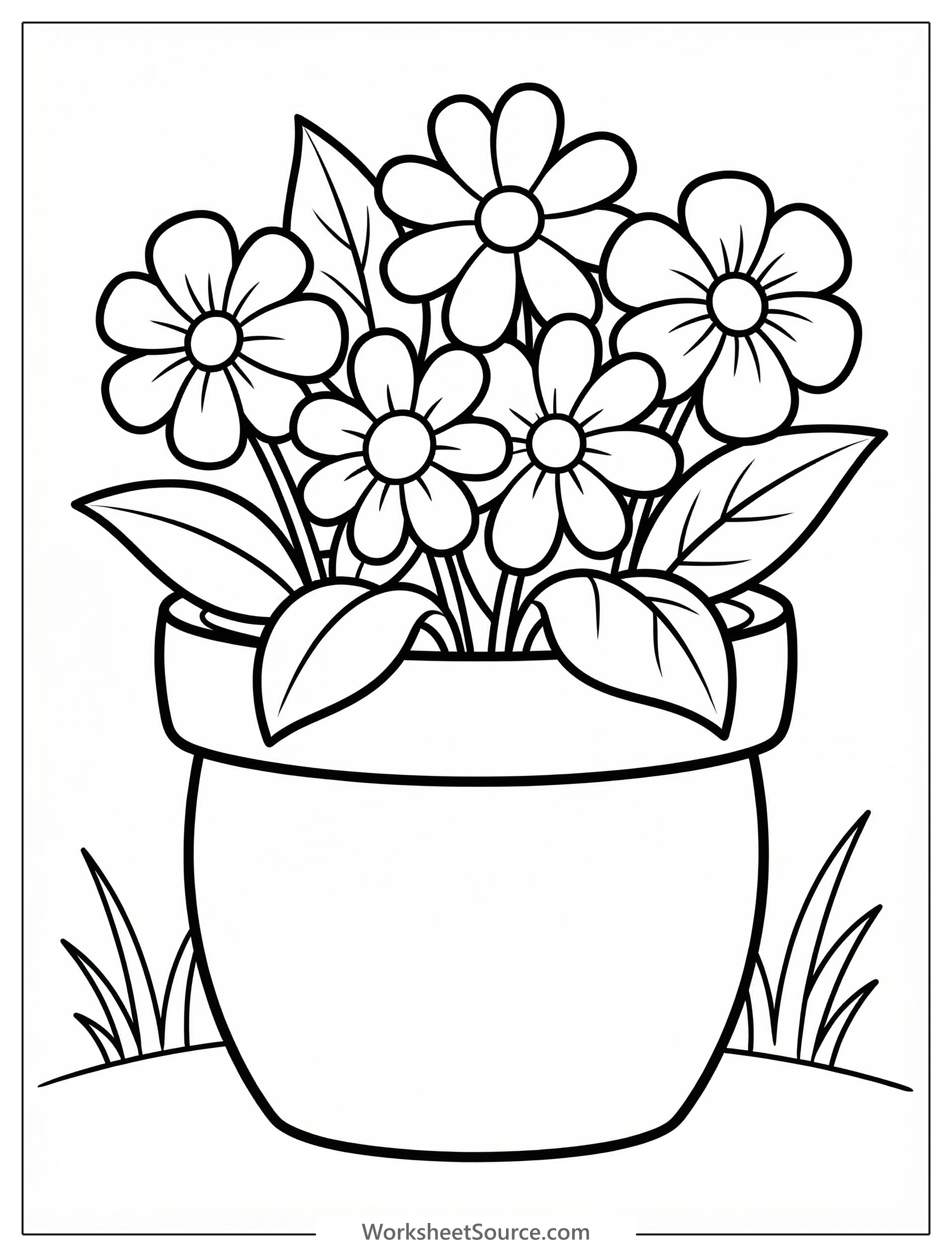 Clear black and white line art coloring page featuring a decorative flower pot brimming with various blooming flowers and leaves, professionally designed.