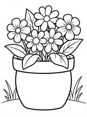 Clear black and white line art coloring page featuring a decorative flower pot brimming with various blooming flowers and leaves, professionally designed.