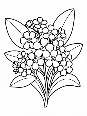Clear black and white line art coloring page depicting a cluster of small forget-me-not flowers with leaves and stems, professional design.