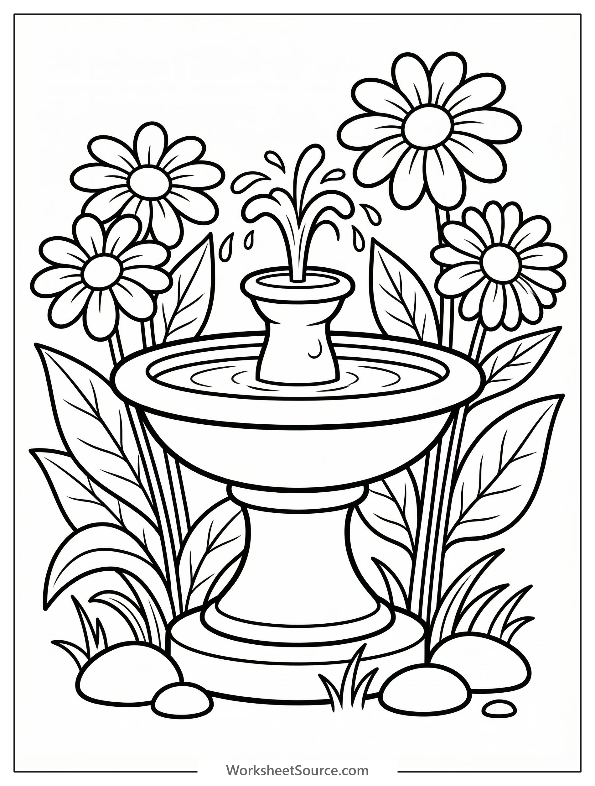 Black and white line art coloring page depicting a graceful fountain with water flowing into a basin, surrounded by a lush variety of blooming flowers.
