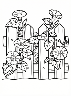 Black and white line art coloring page depicting a wooden garden fence entwined with delicate morning glory flowers and vines under a sun.