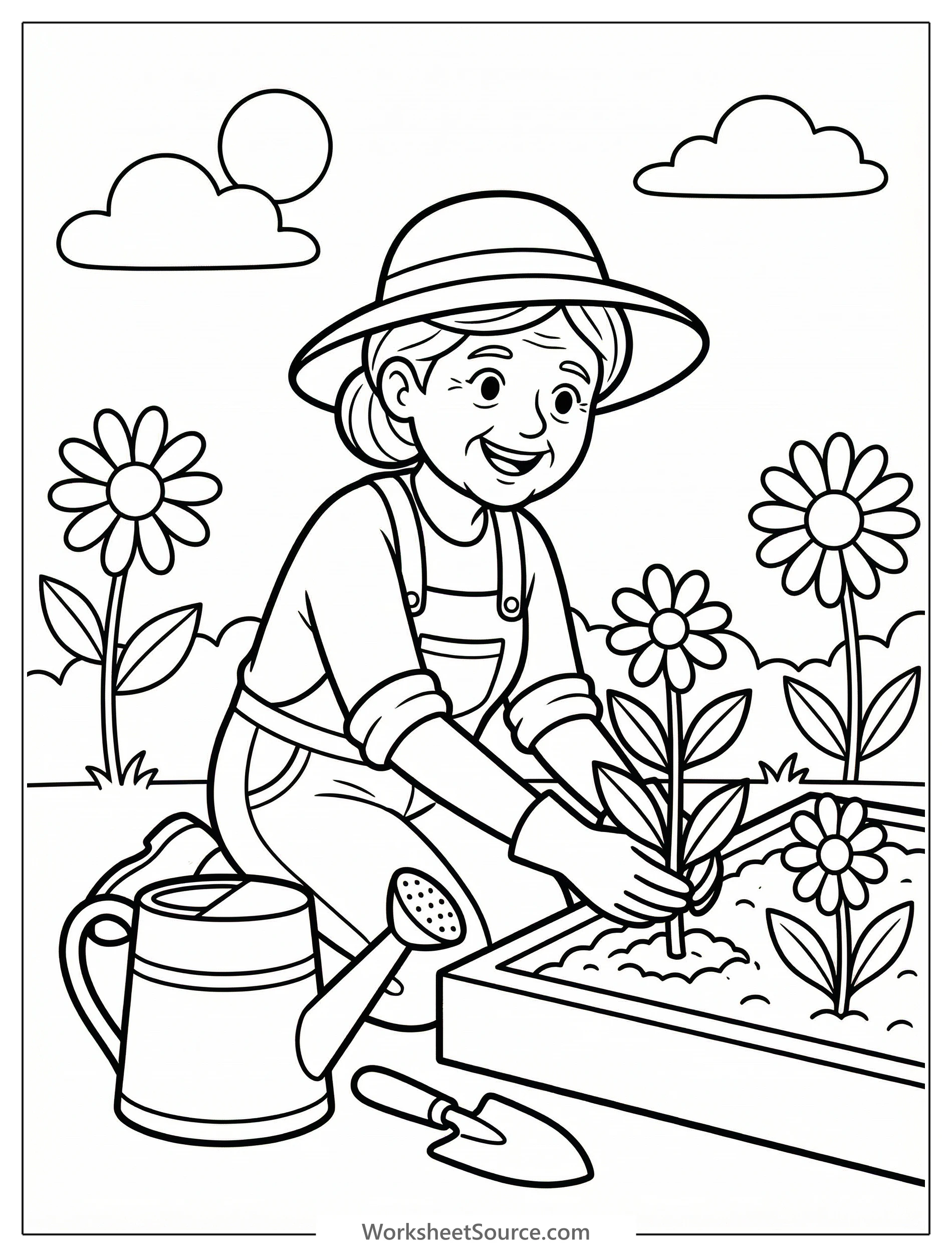 Clear black and white line art of a grandmother happily gardening, surrounded by blooming flowers and a watering can, ready for coloring.
