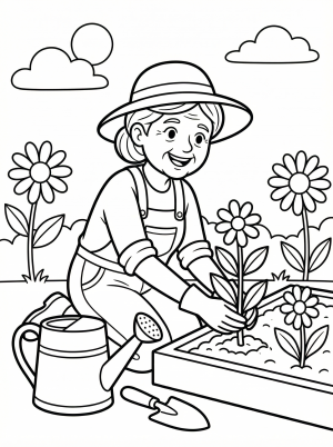 Clear black and white line art of a grandmother happily gardening, surrounded by blooming flowers and a watering can, ready for coloring.