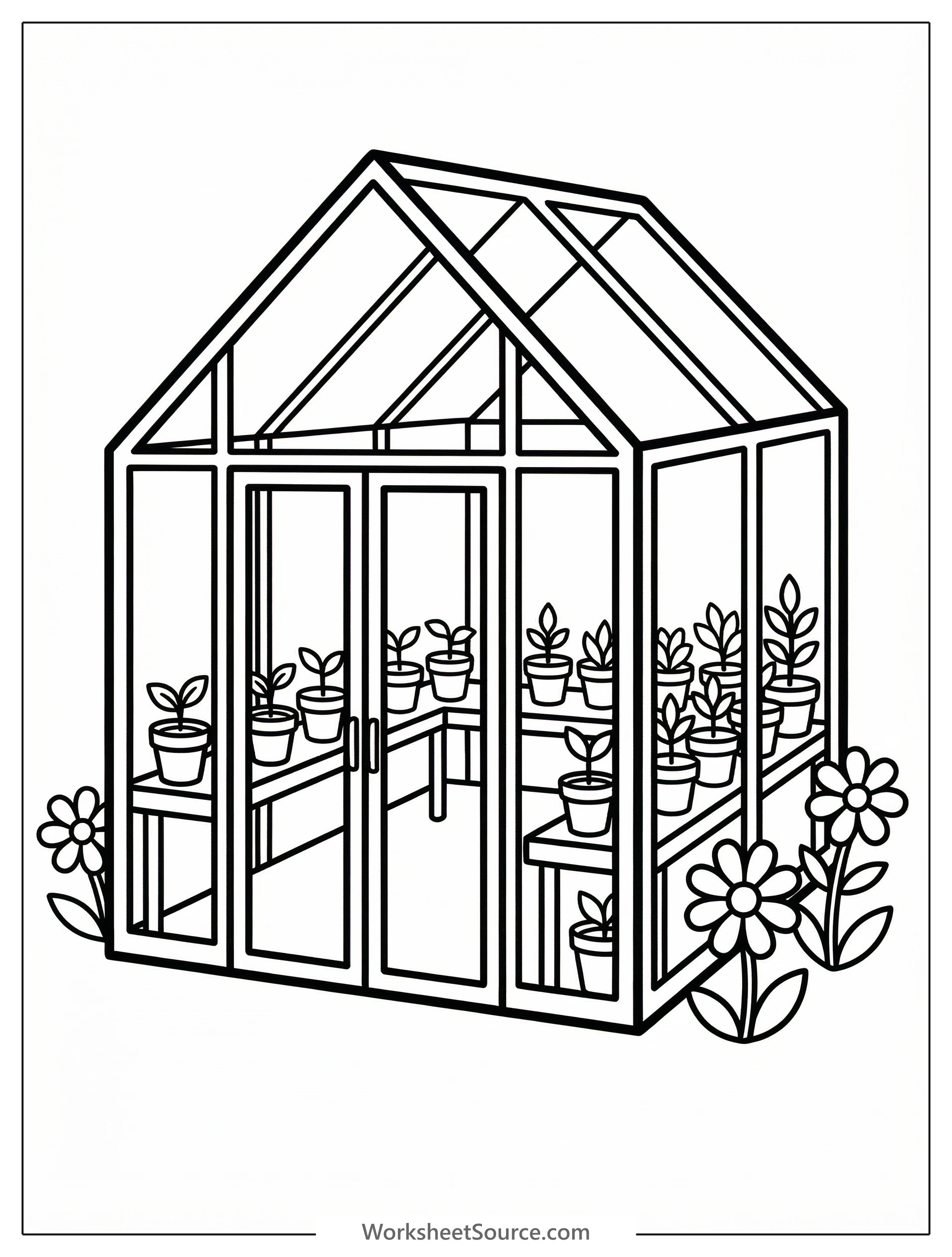 Black and white line art of a cheerful greenhouse filled with tiny seedlings in pots, ready for coloring. Features plants, sun, and garden tools.